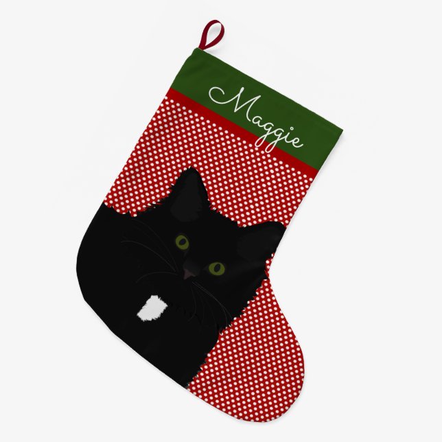 Calcetín Navideño Grande Gato negro de pelo largo personalizado (Frente (Colgado))