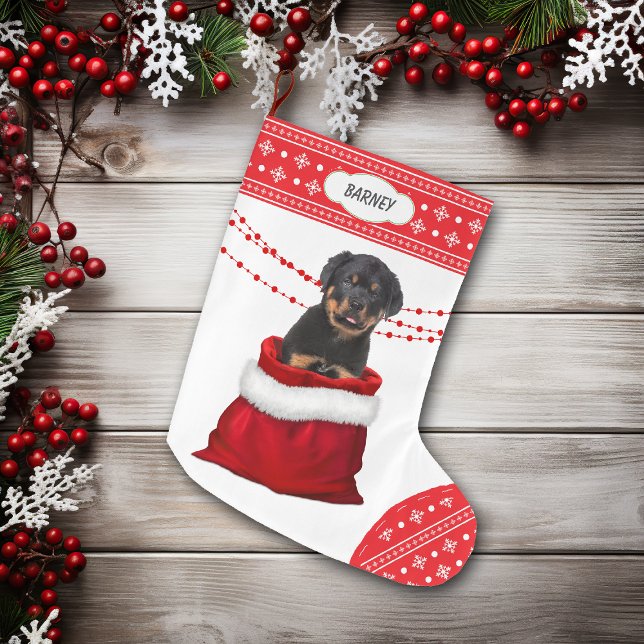 Calcetín Navideño Grande Gift Bag Rottweiler Puppy Dog Snowflake Border (Subido por el creador)