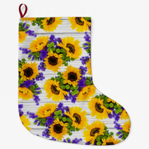 Calcetín Navideño Grande Girasol amarillo púrpura de madera blanco rústic
