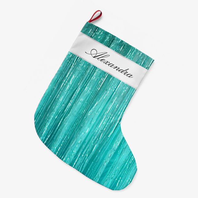 Calcetín Navideño Grande Girly Aqua Mint Glam Glitzy Tinsel Stripes (Frente (Colgado))