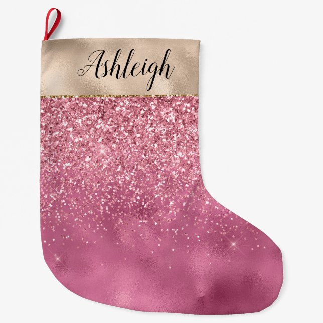 Calcetín Navideño Grande Girly Gold Pink Glitzy Purpurina Nombre de parkle (Anverso)