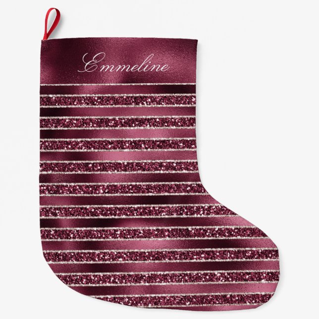 Calcetín Navideño Grande Glam Burgundy Purpurina Rojo Stripes (Anverso)