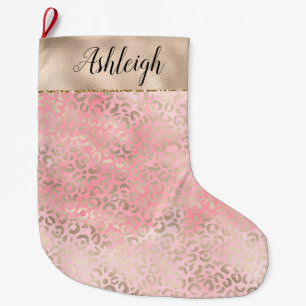 Calcetín Navideño Grande Glam Dorado Girly Pink Leopard Print Watercolor