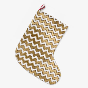 Calcetín Navideño Grande Glam Gold White Zigzag Stripes
