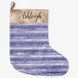 Calcetín Navideño Grande Glitzy Glam Girly Purple Gold Stripes Purpurinas