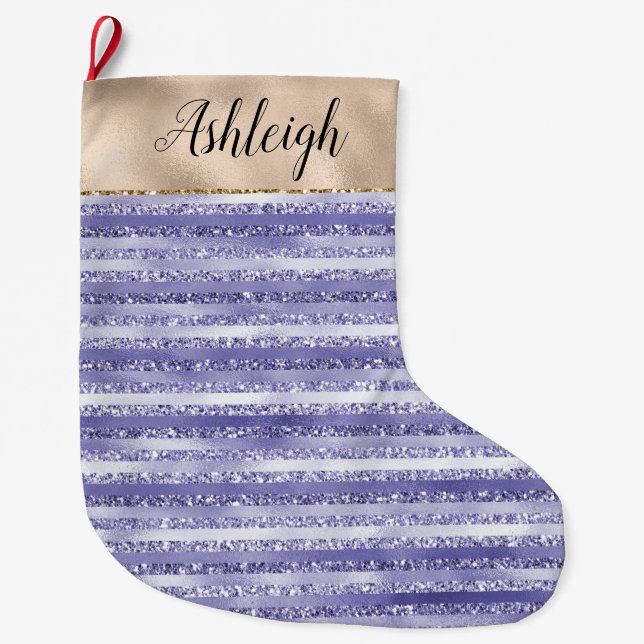 Calcetín Navideño Grande Glitzy Glam Girly Purple Gold Stripes Purpurinas (Anverso)