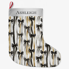 Calcetín Navideño Grande Glitzy Gold Silver Black Ribbons Bows Christmas