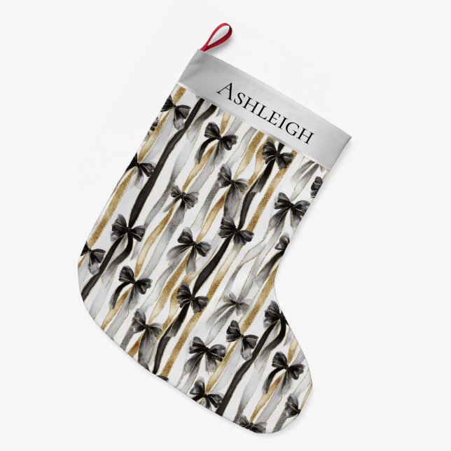 Calcetín Navideño Grande Glitzy Gold Silver Black Ribbons Bows Christmas (Frente (Colgado))