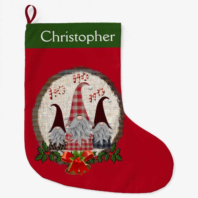 Calcetín Navideño Grande Gnome Gnome Red Green Holly Bells Cute (Anverso)