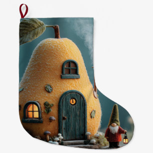 Calcetín Navideño Grande Gnomo lindo parado junto a una cabaña de hada de p