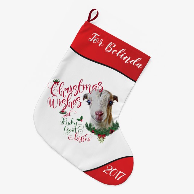 Calcetín Navideño Grande GOAT | Navidades Desean Bebés De Cabra LaMancha (Frente (Colgado))