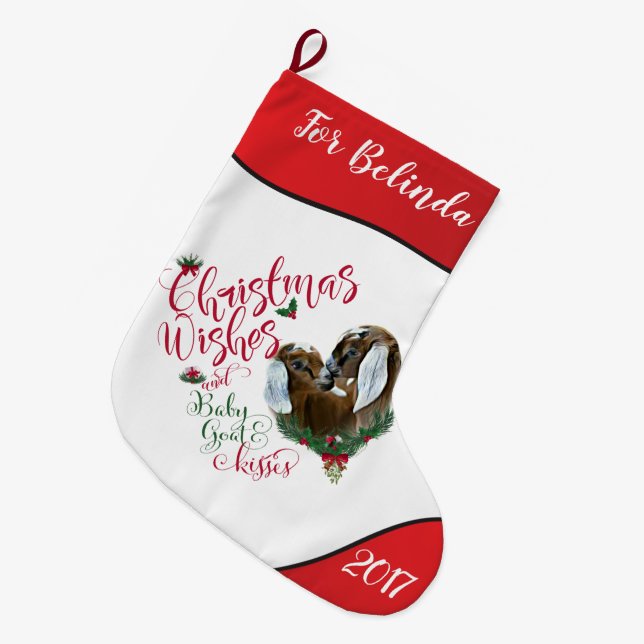 Calcetín Navideño Grande GOAT | Navidades Desean Bebés De Cabra Nubia 3 (Frente (Colgado))