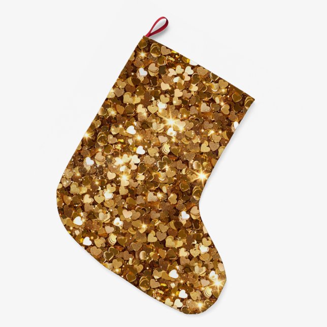 Calcetín Navideño Grande Gold Glitz Glam Sparkle Hearts (Frente (Colgado))