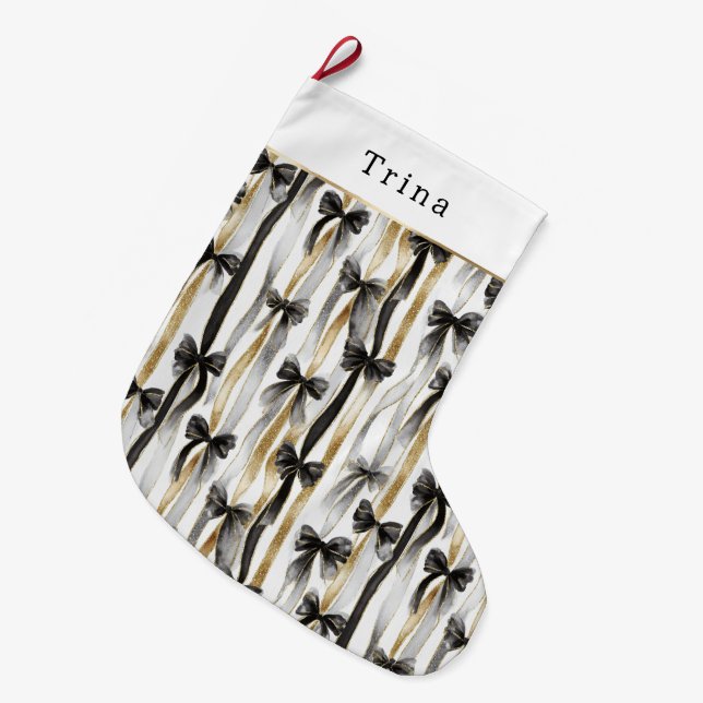 Calcetín Navideño Grande Gold Silver Christmas Black Ribbons & Bows (Frente (Colgado))