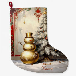 Calcetín Navideño Grande Gold Snowman Christmas Tree Holiday Stocking