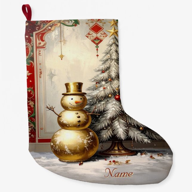 Calcetín Navideño Grande Gold Snowman Christmas Tree Holiday Stocking (Anverso)