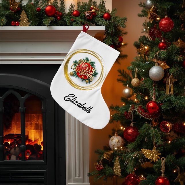 Calcetín Navideño Grande Golden Merry Christmas Personalized Stocking (Subido por el creador)