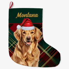 Calcetín Navideño Grande Golden Retriever Holiday Plaid and Dogs Name