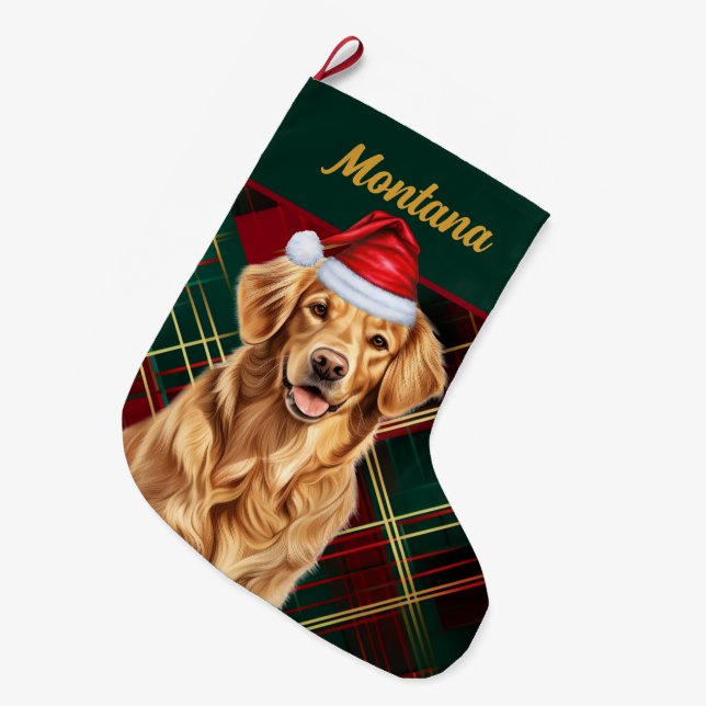 Calcetín Navideño Grande Golden Retriever Holiday Plaid and Dogs Name (Frente (Colgado))