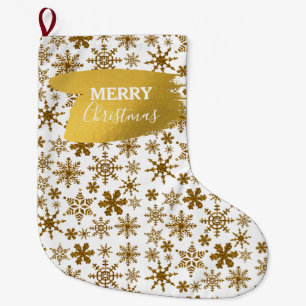 Calcetín Navideño Grande Golden Sparkling Snowflakes Feliz Navidad