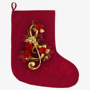 Calcetín Navideño Grande Golden Treble Clef con flores Rosas