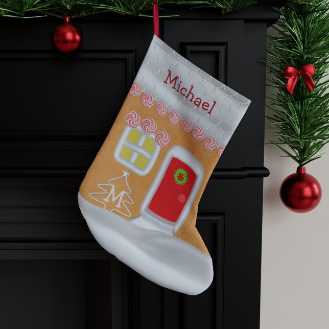Calcetín Navideño Grande Graciosa Casa de Gingerbread Personalizada Niños (A fun and festive Christmas stocking inspired by a gingerbread house.)