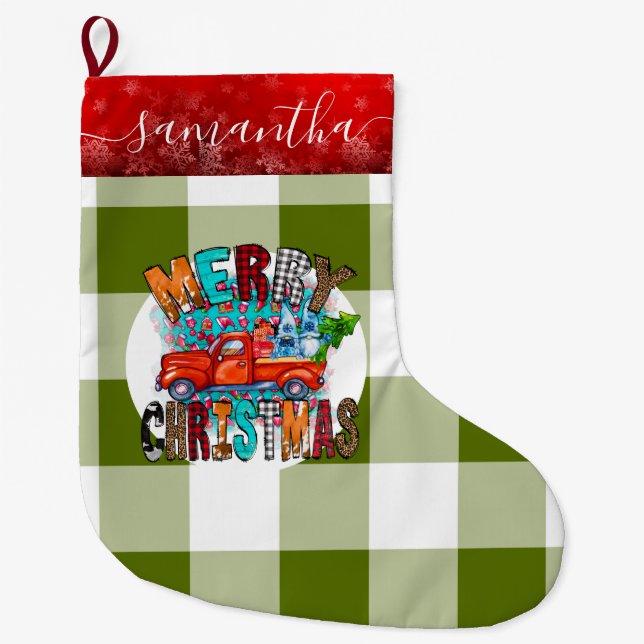 Calcetín Navideño Grande Granja Van Green White Feliz Navidad (Anverso)