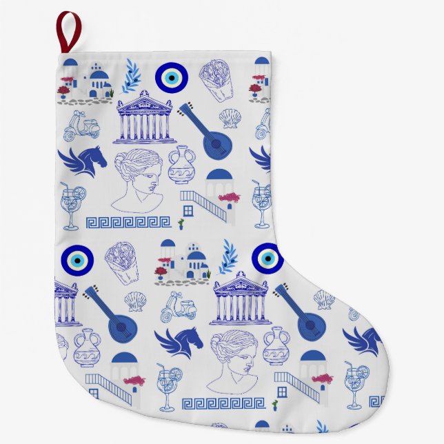 Calcetín Navideño Grande Grecia Azul y Blanco (Anverso)