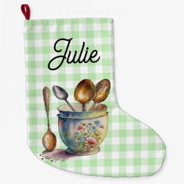 Calcetín Navideño Grande "Green and White Checkered - Spoons in Cup