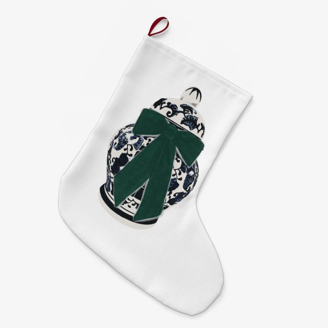 Calcetín Navideño Grande Green Bow Chinoiserie Vase Navidades Stocking (Frente (Colgado))
