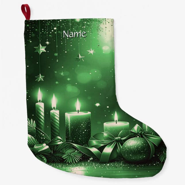 Calcetín Navideño Grande Green Candles Christmas Holiday Stocking (Anverso)