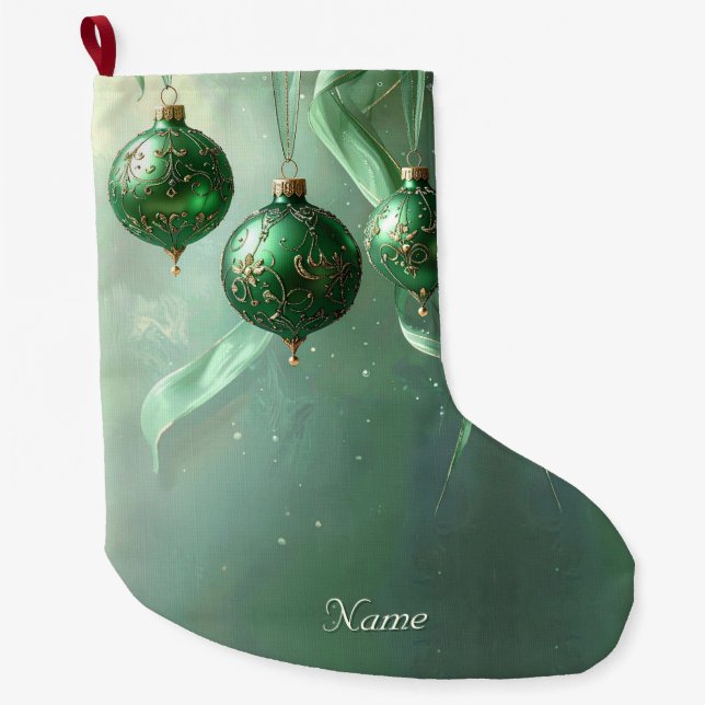 Calcetín Navideño Grande Green Christmas Ball Holiday Stocking (Anverso)
