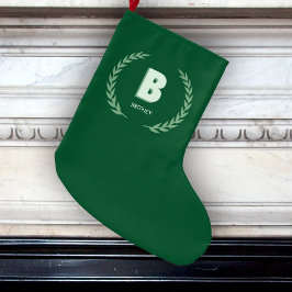 Calcetín Navideño Grande Green Laurel Wreath Letter B Monogram 
