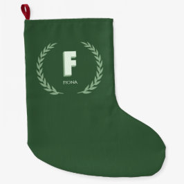 Calcetín Navideño Grande Green Laurel Wreath Letter F Monogram 