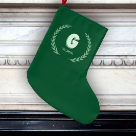 Calcetín Navideño Grande Green Laurel Wreath Letter G Monogram 