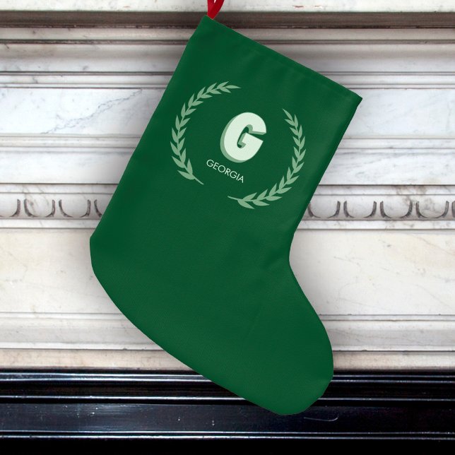 Calcetín Navideño Grande Green Laurel Wreath Letter G Monogram  (Subido por el creador)