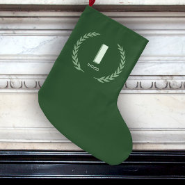 Calcetín Navideño Grande Green Laurel Wreath Letter I Monogram 