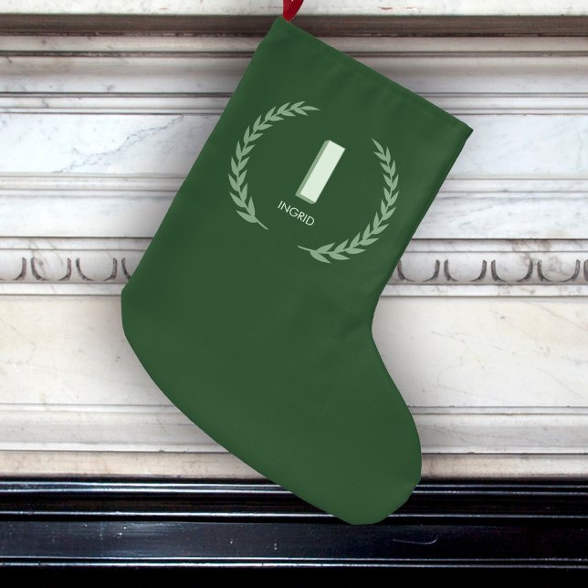 Calcetín Navideño Grande Green Laurel Wreath Letter I Monogram  (Subido por el creador)