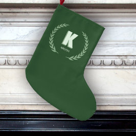 Calcetín Navideño Grande Green Laurel Wreath Letter K Monogram 