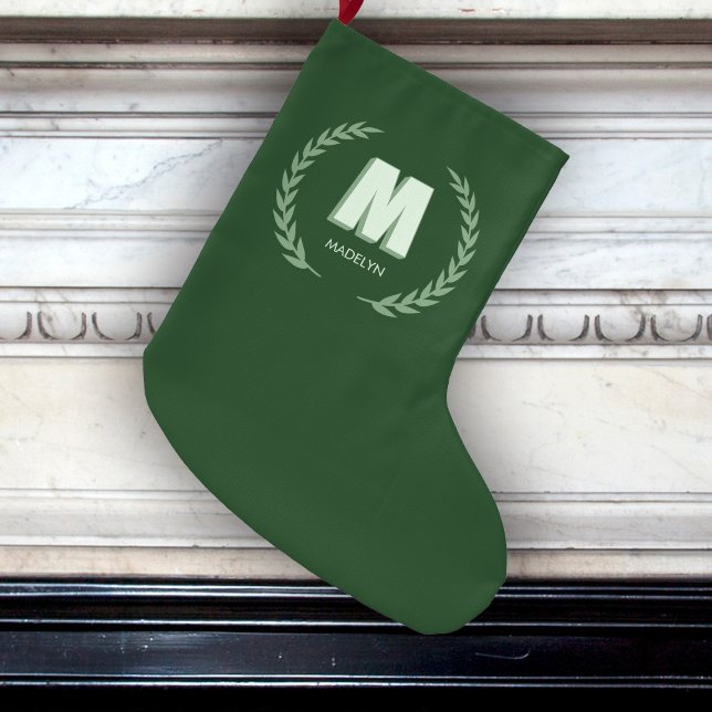 Calcetín Navideño Grande Green Laurel Wreath Letter M Monogram  (Subido por el creador)
