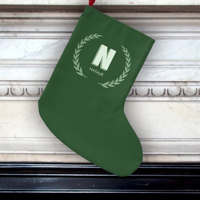Calcetín Navideño Grande Green Laurel Wreath Letter N Monogram  (Subido por el creador)