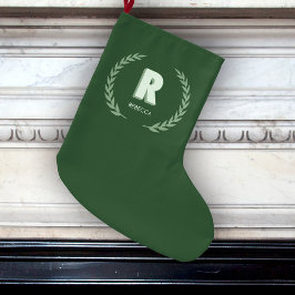 Calcetín Navideño Grande Green Laurel Wreath Letter R Monogram 