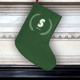 Calcetín Navideño Grande Green Laurel Wreath Letter S Monogram 