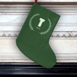Calcetín Navideño Grande Green Laurel Wreath Letter T Monogram 