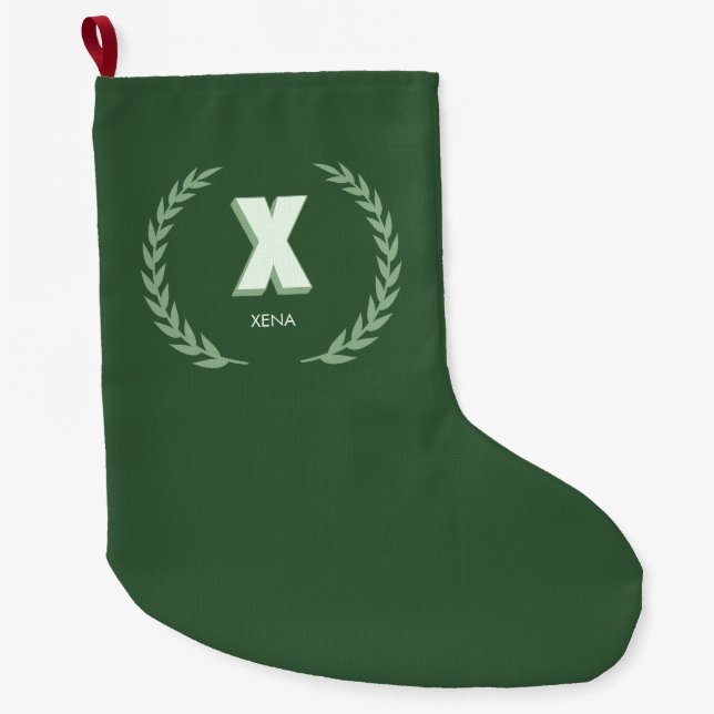 Calcetín Navideño Grande Green Laurel Wreath Letter X Monogram  (Anverso)