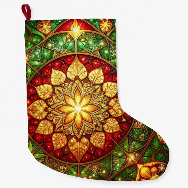 Calcetín Navideño Grande Green Red Decorative Christmas Holiday Stocking (Anverso)