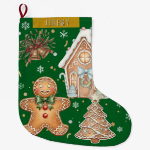 Calcetín Navideño Grande Green Vintage Gingerbread Man, Tree, Navidades