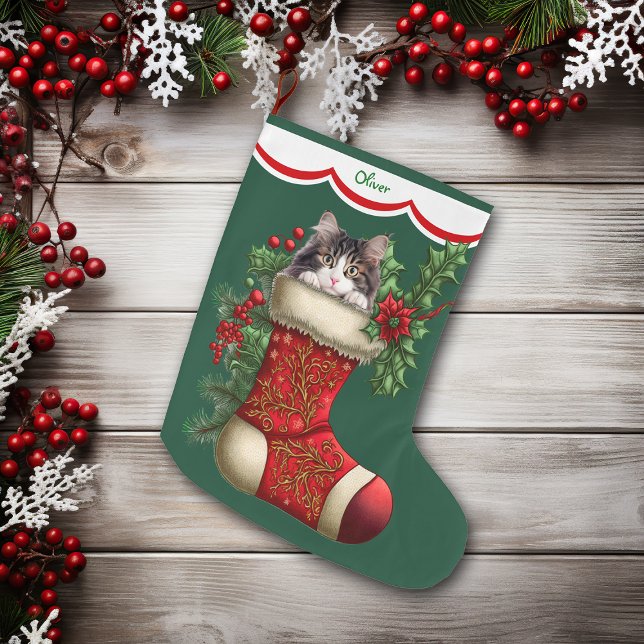 Calcetín Navideño Grande Gris White Cat Peeking (Subido por el creador)