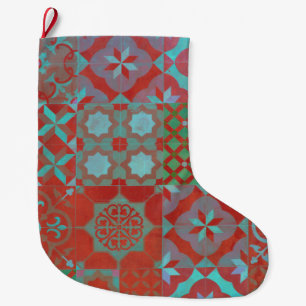 Calcetín Navideño Grande Guay, baldosas de moda del Egeo en rojo y azul