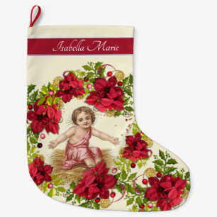 Calcetín Navideño Grande Guirnalda de Jesús Pointsettia del bebé del